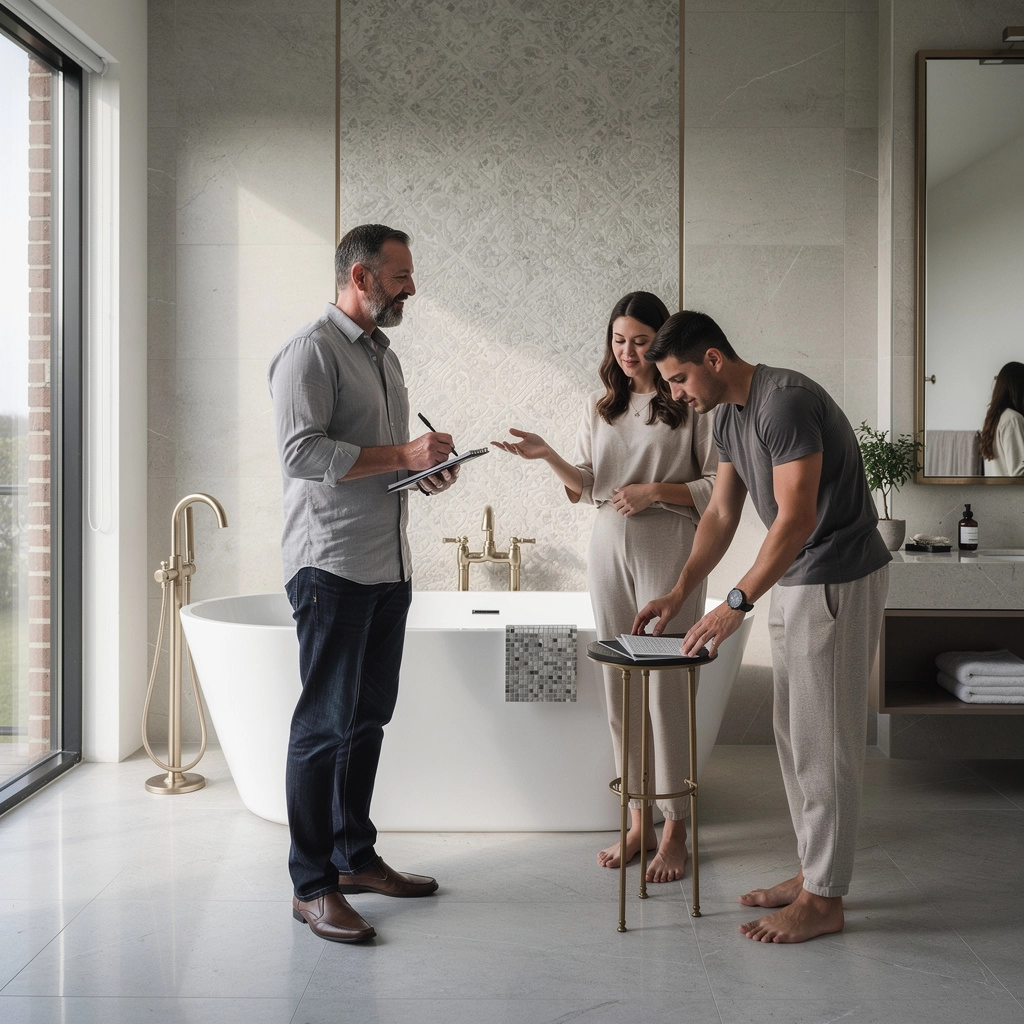 Badezimmer mit stilvollen Fliesen und modernen Sanitäranlagen.